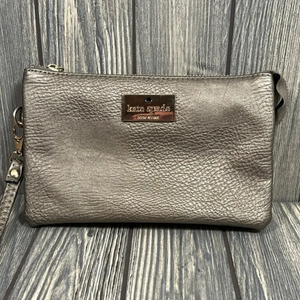 Kate Spade Crossbody Purse Wallet Wristlet Metallic Leather Pebbled Soft Pockets